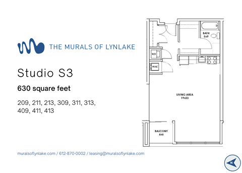 Floor plan for studio, 1 bath, 630 sqft